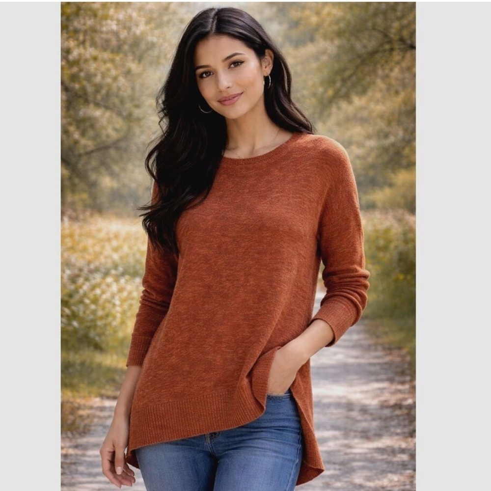 Rachel Zoe Burnt Orange Sweater Long Tunic Knit Pullover Linen Blend Boho M